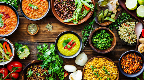 Border variety of Healthy Ayurvedic Indian dishes. Foods, meals.