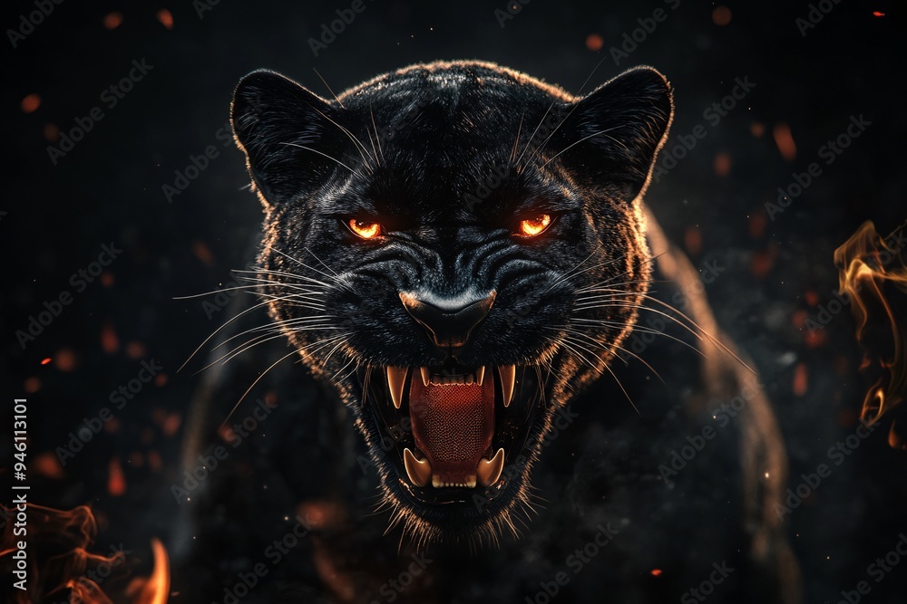 Fototapeta Black panther aggressively roaring. A powerful black cougar aggressively lunging forward, surrounded by sparks and flames, set against a dark, moody background