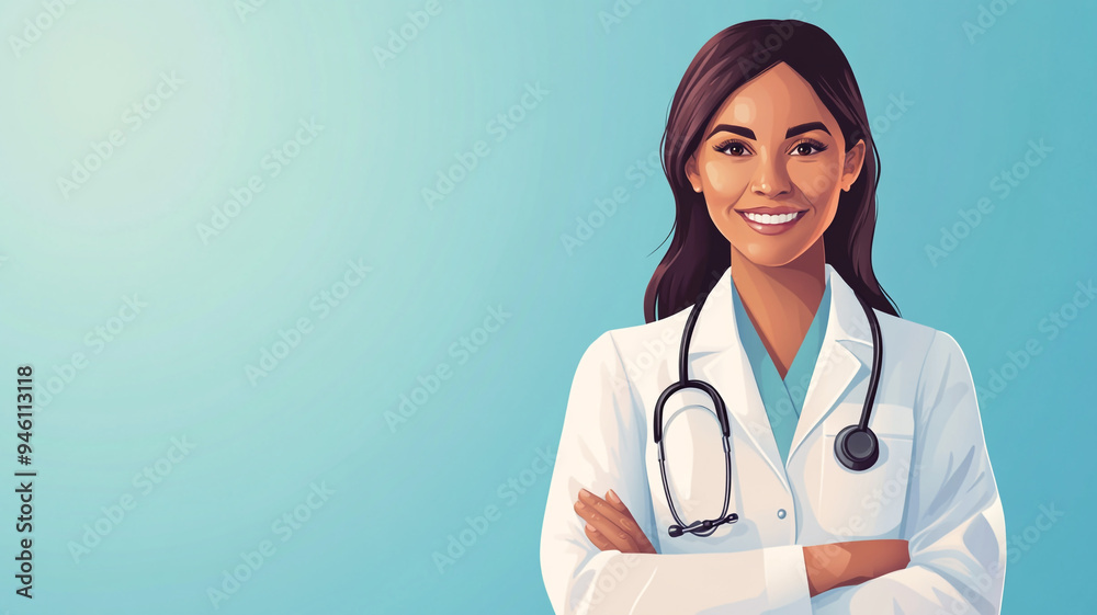 Professional female doctor smiling confidently in a white coat with a stethoscope on a solid blue background Professional female doctor smiling confidently in a white coat with a stethoscope on a solid blue background