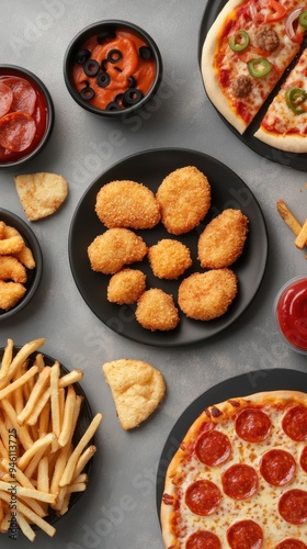 Fast food selections showcase pizza, crispy nuggets, golden fries, and assorted dipping sauces presented on a casual dining table
