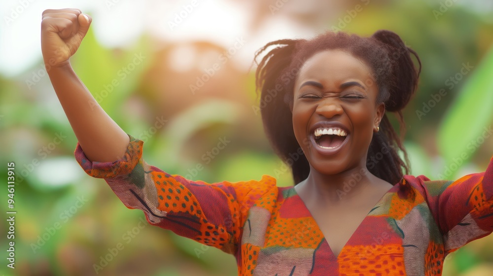 African woman expresses joy, triumph. She is happy, excited, celebrating her success with raised fist. Natural, curly hair, bright smile. Cheerful, energetic, surrounded by sunlight, nature. African woman expresses joy, triumph. She is happy, excited, celebrating her success with raised fist. Natural, curly hair, bright smile. Cheerful, energetic, surrounded by sunlight, nature.