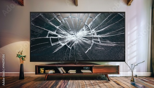 A broken television screen in the living room, material damage