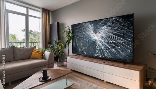 A broken television screen in the living room, material damage
