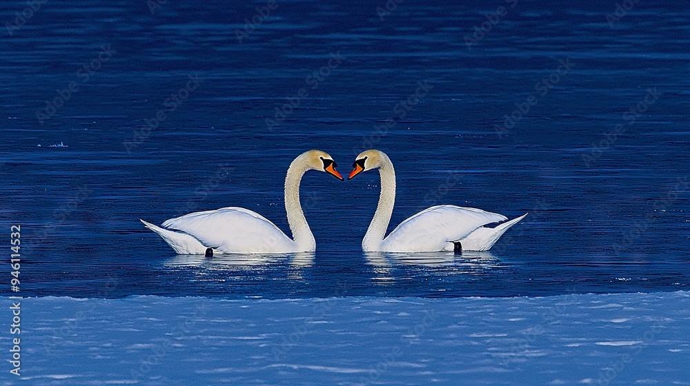 Two swans forming a heart shape while swimming in a blue body of water against a blue sky backdrop Two swans forming a heart shape while swimming in a blue body of water against a blue sky backdrop