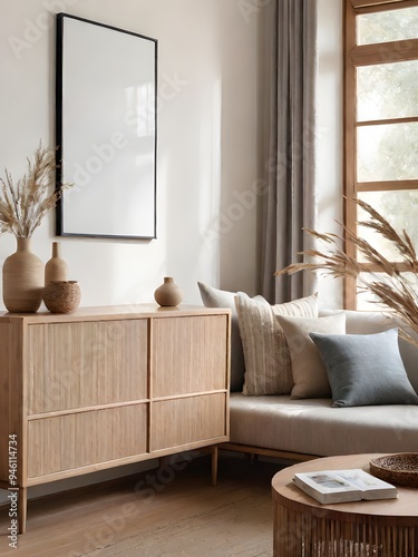 Mockup frame in Scandinavian living room interior background, mockup frame design, frame mockup