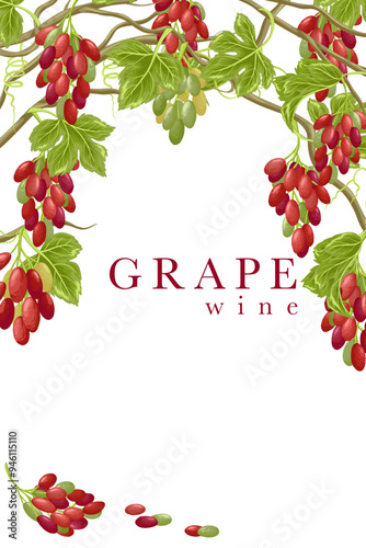 Grapes vector frame. Hand drawn illustration of bunch of grapes with leaves. Vertical border template for restaurants, menu, wine list and winemaking banners. White background. Clipping mask.