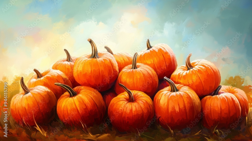 A Vibrant Display of Pumpkins in an Autumn Field A Vibrant Display of Pumpkins in an Autumn Field
