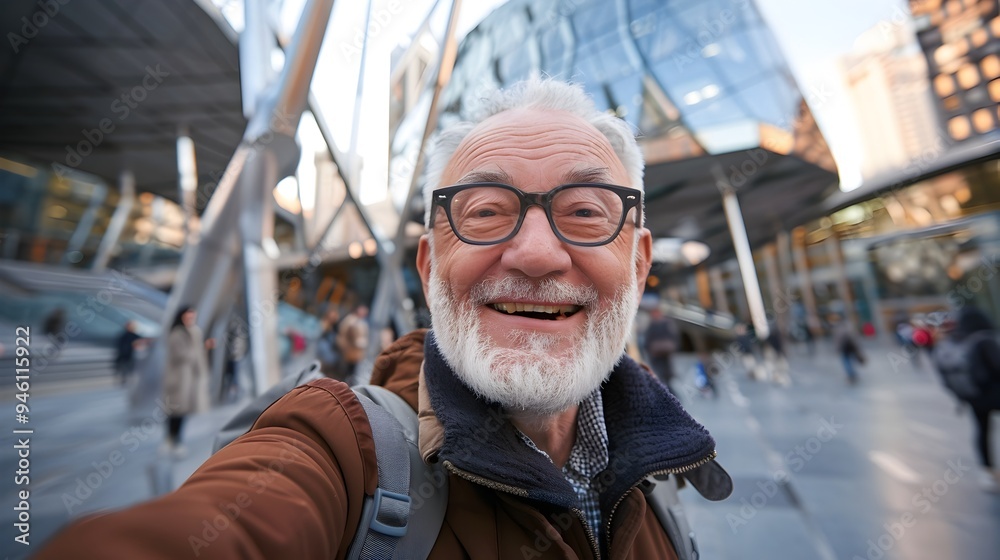 Senior Man Capturing City Life with Selfie Amid Modern Architecture Senior Man Capturing City Life with Selfie Amid Modern Architecture