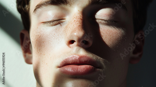 Close-up of a man with closed eyes, slight smile on his lips, his face radiating calmness, with soft shadows playing across his features photo