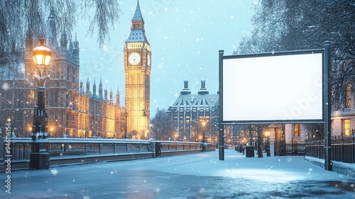 A festive, plain white, mock up billboard on a festive London street with Big Ben in the background, Christmas advertising and marketing concept, events, copy space for public information