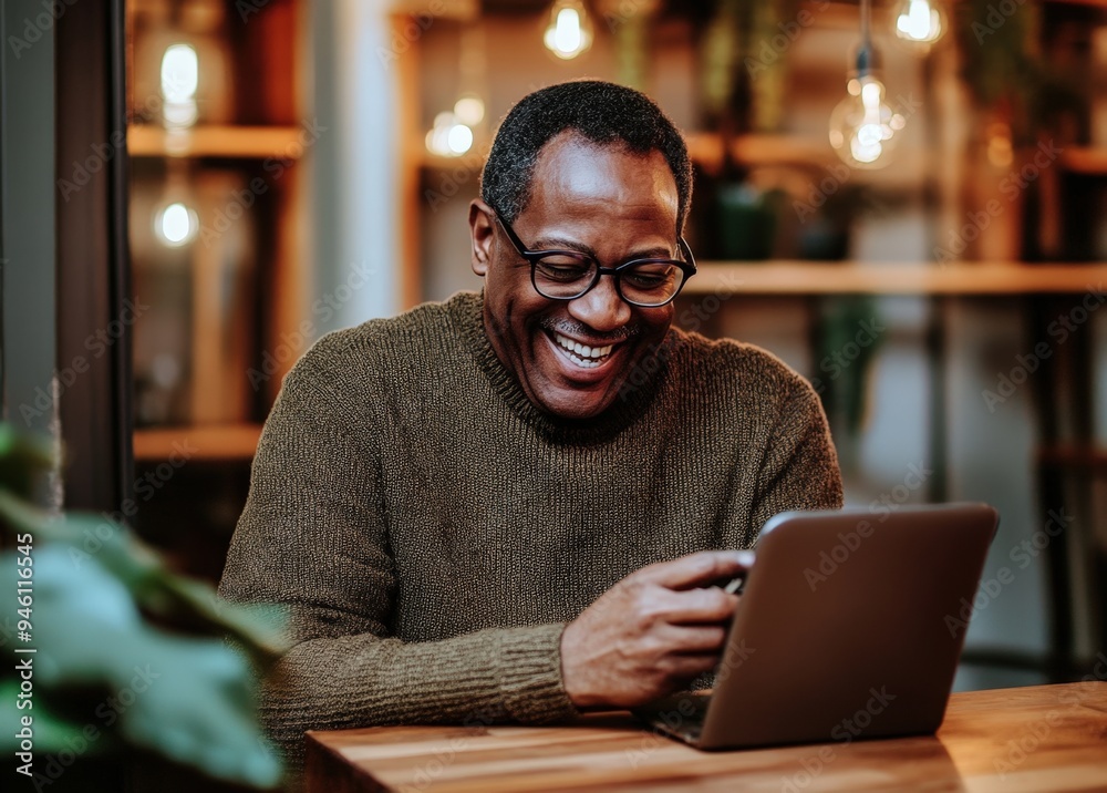 A man in a sweater smiles at his laptop computer. A man in a sweater smiles at his laptop computer.