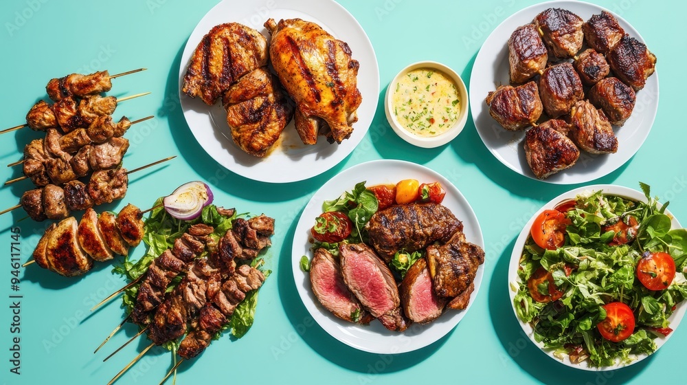 Delicious roasted meats, skewered dishes, and fresh salads are presented on vibrant plates for a summer celebration Delicious roasted meats, skewered dishes, and fresh salads are presented on vibrant plates for a summer celebration
