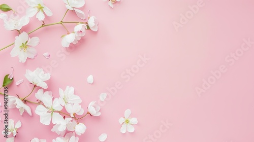 White minimalist romantic flower background. A serene and elegant display of delicate blooms against a pure white backdrop. Symbolizing simplicity and beauty.