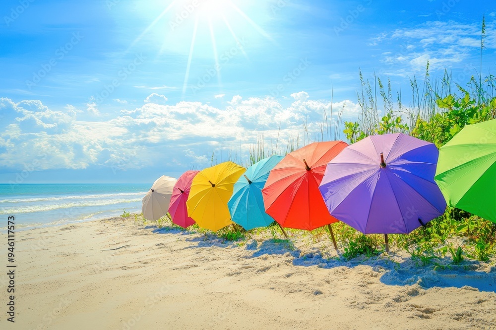 A beach with colorful umbrellas and a clear blue sky. A beach with colorful umbrellas and a clear blue sky.