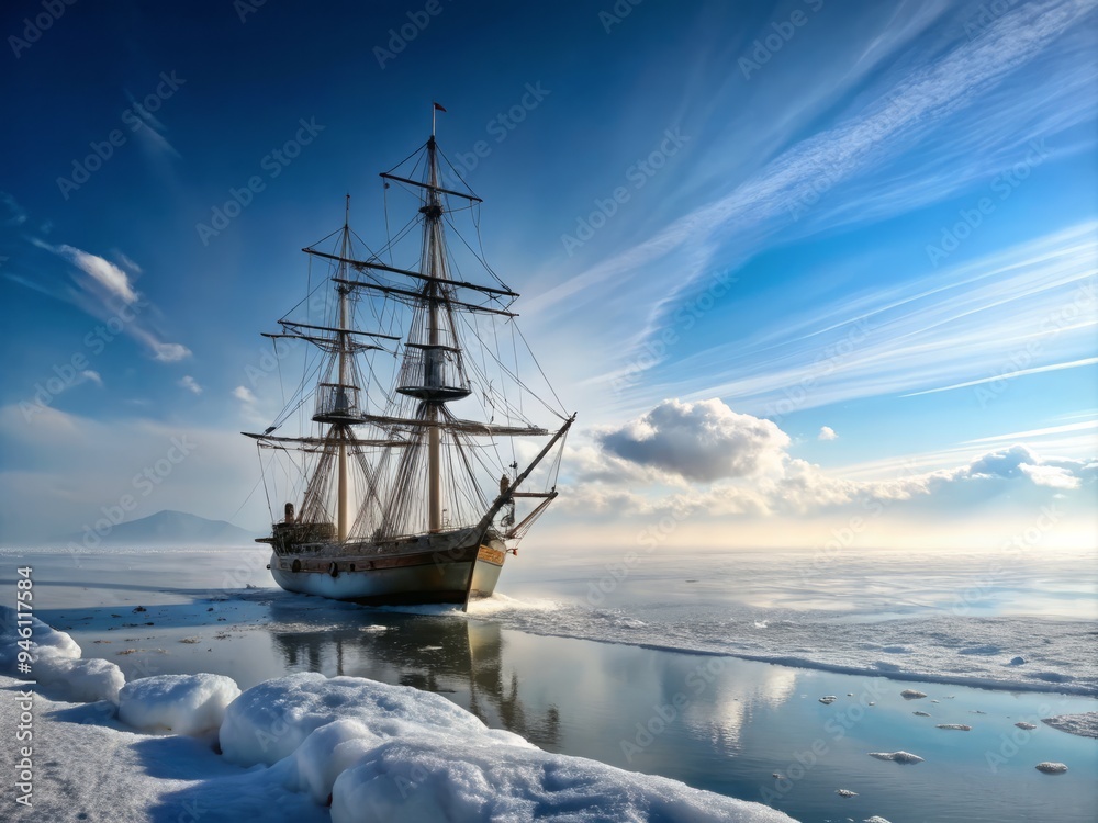 Fototapeta premium A lone, snow-covered ship, its sails frozen in place, drifting across the Okhotsk like a spectral apparition