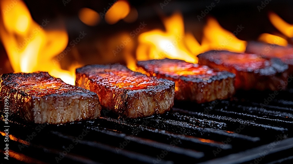 Steaks sizzling on a grill with flames erupting from the back and sides Steaks sizzling on a grill with flames erupting from the back and sides
