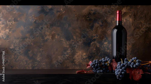 wine bottle with black grapes on the copper background, mockup