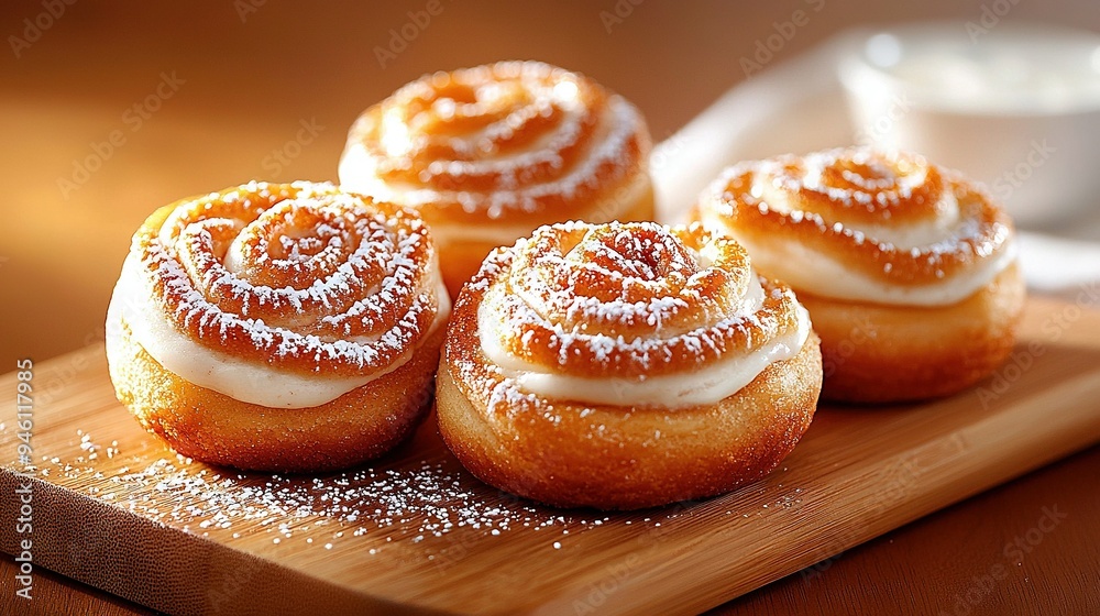 A cutting board holds two doughnuts and a bowl of powdered sugar A cutting board holds two doughnuts and a bowl of powdered sugar