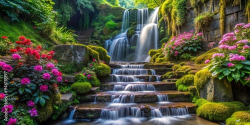 Iridescent waterfalls cascade down a staircase of moss-covered stone, surrounded by lush greenery and vibrant blooms.