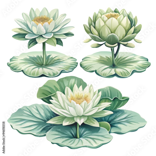 Watercolor Depictions of Water Lilies with Detailed Petals, Leaves, and Stems