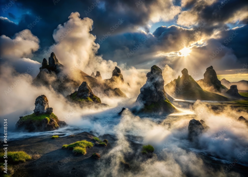 Fototapeta premium Moody mist swirling around ancient volcanic formations, as if mythical creatures lurk in the shadows