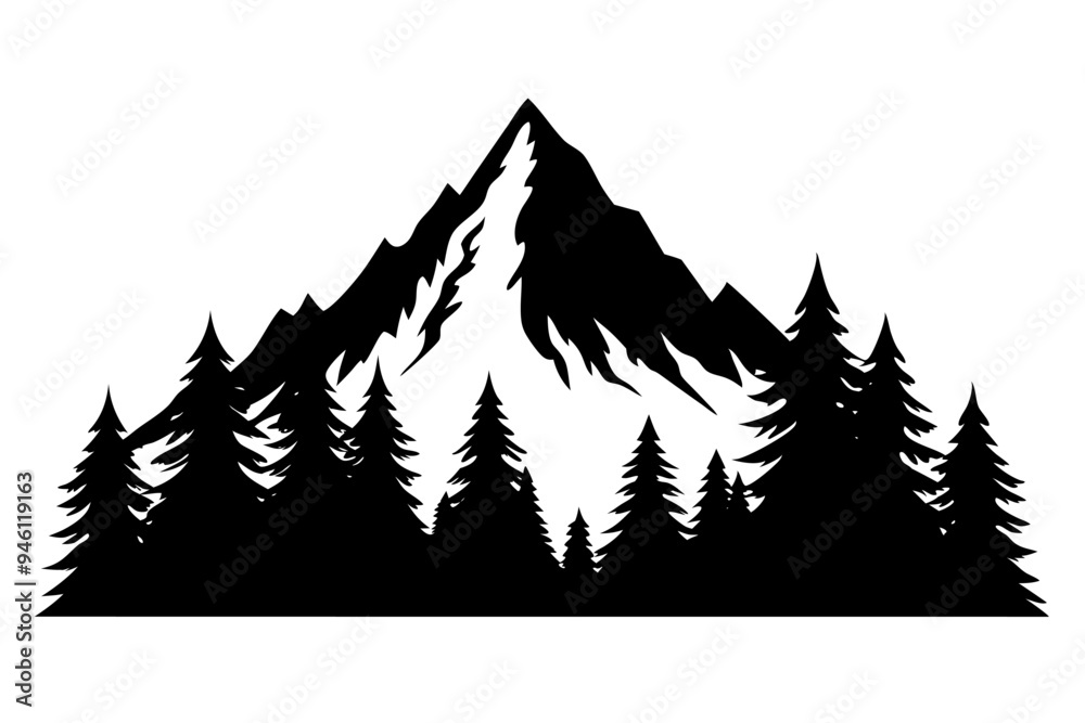 Obraz premium Mountain and pine trees vector art illustration