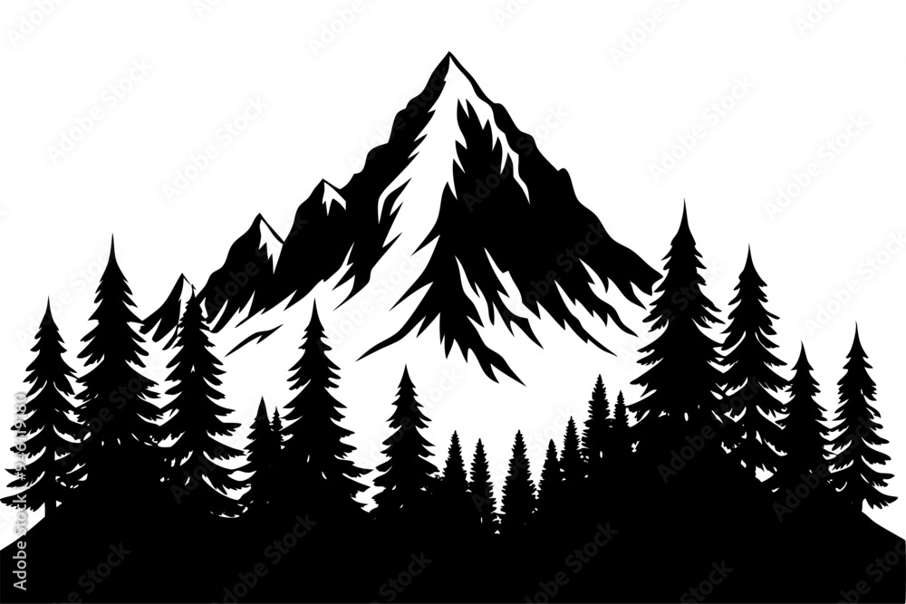 Obraz premium Mountain and pine trees vector art illustration