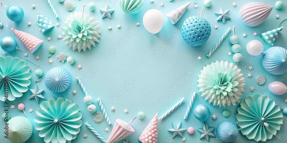 Flat lay arrangement of pastel blue party decorations with copy space in top view Flat lay arrangement of pastel blue party decorations with copy space in top view