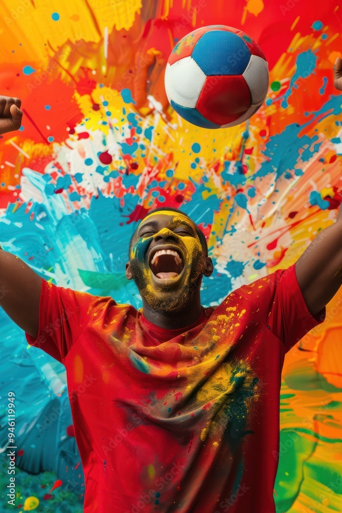Fototapeta premium Vibrant person holds soccer ball adorned with blue and white splatters, celebrating in dynamic atmosphere amidst explosion of colors. Red shirt and yellow face paint create bold visual statement.