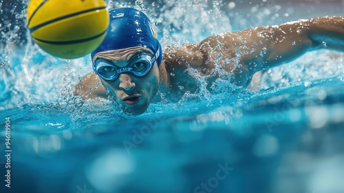 A man wearing swimming goggles is swimming in a pool.