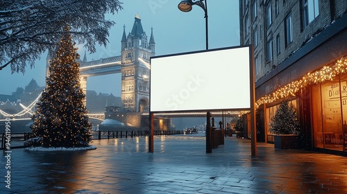 A festive, plain white, mock up billboard on a festive London street with Tower bridge in the background, Christmas advertising and marketing concept, events, copy space for public information