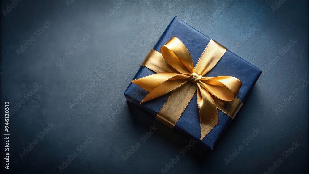 Top view of a luxurious dark blue gift box with a gold satin ribbon on a dark background, perfect for a holiday or Christmas present Top view of a luxurious dark blue gift box with a gold satin ribbon on a dark background, perfect for a holiday or Christmas present