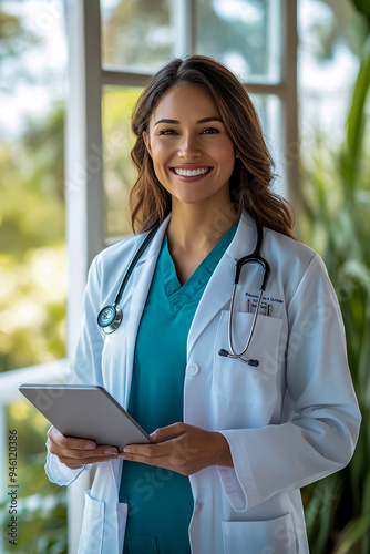 A smiling female doctor standing in front of a camera