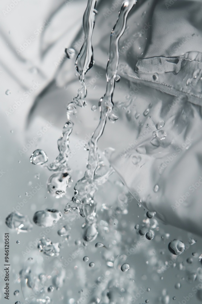 Water droplets suspended in mid-air on waterproof fabric, close-up view with blurred background, highlighting water repelling properties. Gray, white color palette adds contrast with blue undertones. Water droplets suspended in mid-air on waterproof fabric, close-up view with blurred background, highlighting water repelling properties. Gray, white color palette adds contrast with blue undertones.