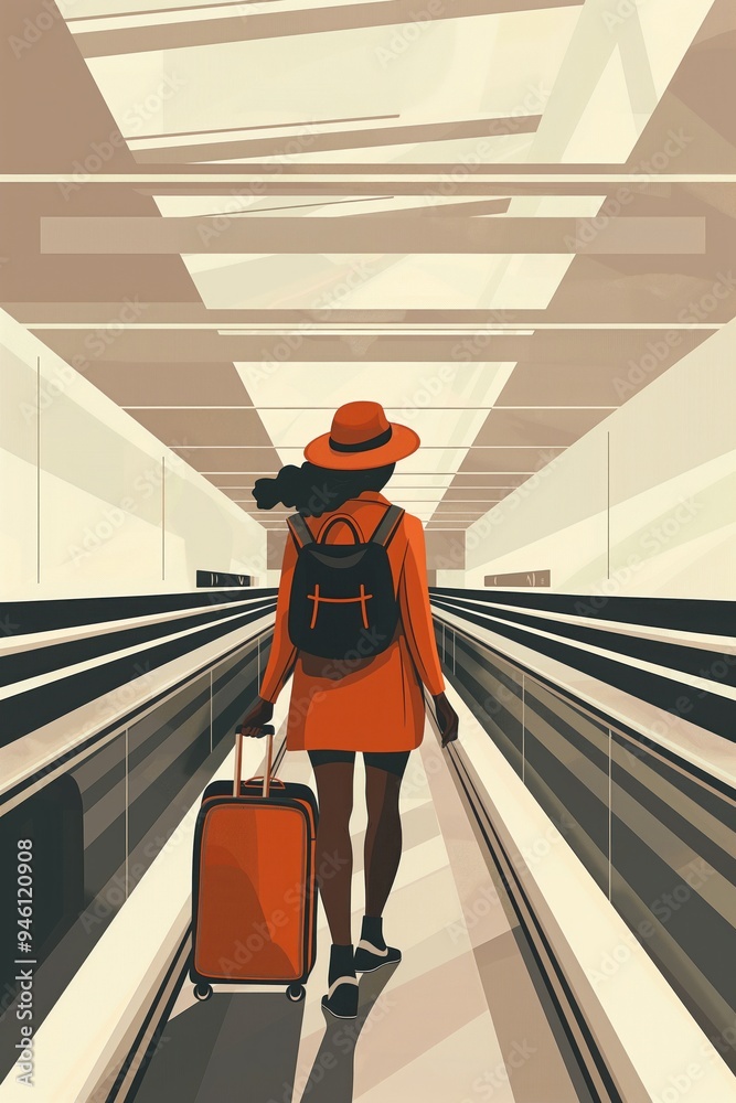 custom made wallpaper toronto digitalWoman in orange dress and red hat walks down gray escalator carrying black suitcase in modern airport terminal with beige background and white ceiling.