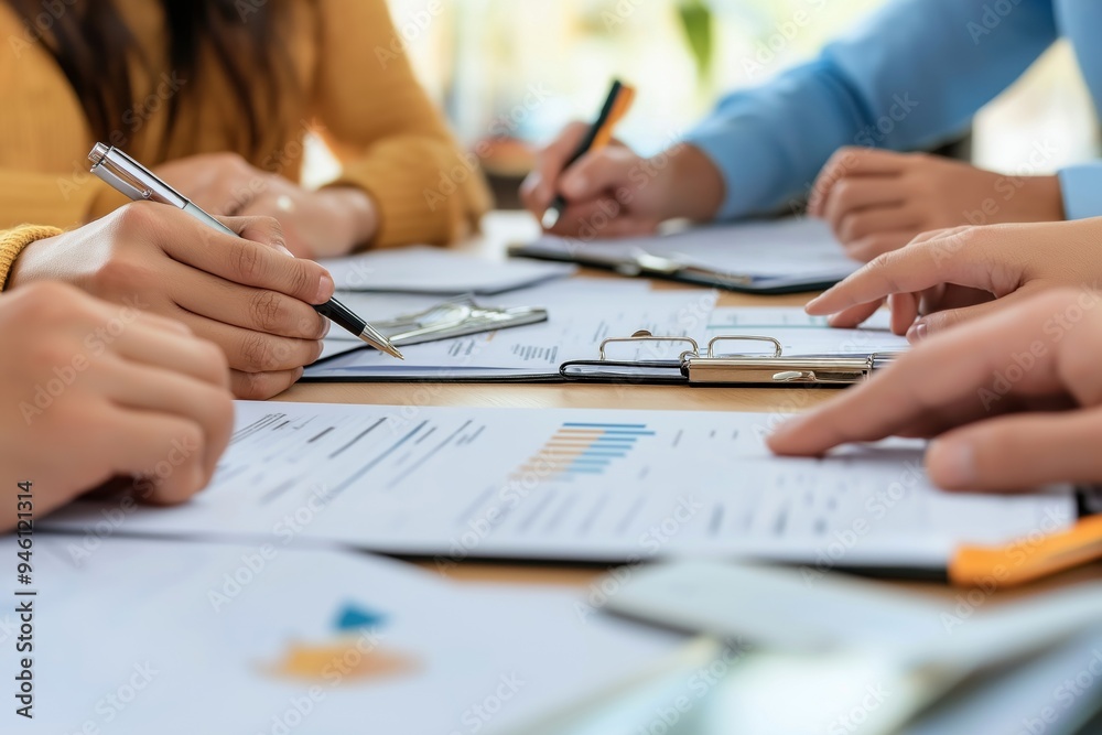 Group of businesspeople engaged in discussion around table. Each person holds pen, actively participating in conversation. Papers on table suggest ongoing meeting or brainstorming session. Group of businesspeople engaged in discussion around table. Each person holds pen, actively participating in conversation. Papers on table suggest ongoing meeting or brainstorming session.