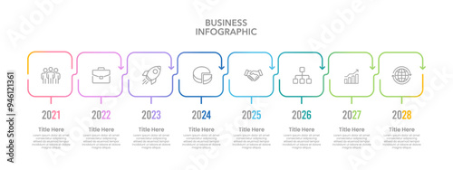 Business infographic timeline with 8 company events. Business presentation, Annual report, Milestones, Planning and Projects. Vector illustration.