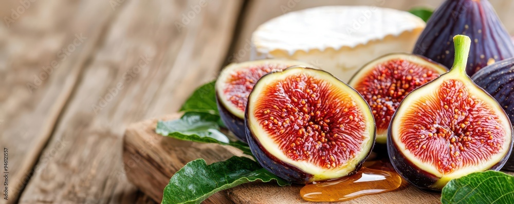 Juicy figs cut in half, drizzled with honey, served with cheese, rustic and elegant snack Juicy figs cut in half, drizzled with honey, served with cheese, rustic and elegant snack