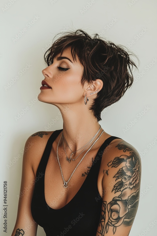 Classy woman with short dark hair, in a black tank top and silver jewelry, side view with tattoos on her arm, set against a stark white background to highlight her sophisticated style Classy woman with short dark hair, in a black tank top and silver jewelry, side view with tattoos on her arm, set against a stark white background to highlight her sophisticated style