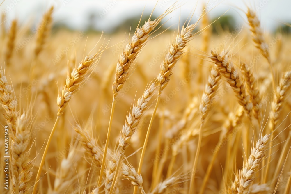 Obraz premium Yellow wheat field in summer harvest season. Golden grains ripen on stalks under warm sunlight. Nature beauty in rural landscape with crops growing outdoors.