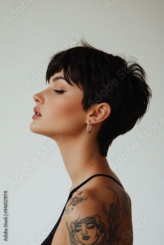 Elegant woman with short dark hair, wearing black and silver, side view with visible tattoos, set against a white background, providing ample copy space and a sophisticated appearance photo