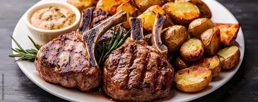 Juicy lamb chops with a rosemary garlic marinade, perfectly seared, served with roasted potatoes Juicy lamb chops with a rosemary garlic marinade, perfectly seared, served with roasted potatoes