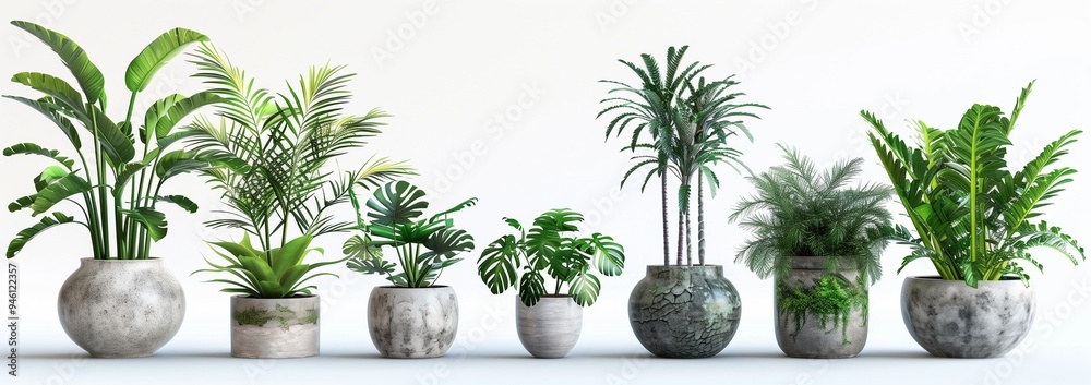 A collection of potted plants of various sizes and shapes, including tropical foliage plants A collection of potted plants of various sizes and shapes, including tropical foliage plants