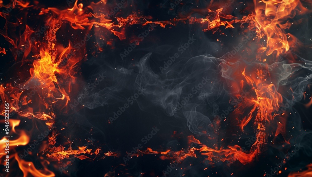 A frame made of fire, a dark background, with smoke and sparks