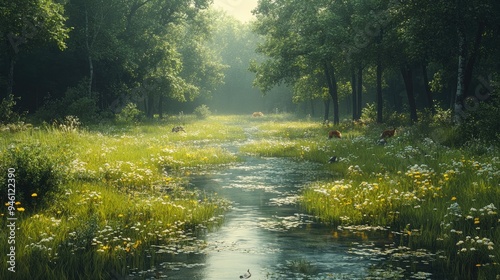 Wallpaper Mural Calm, meandering stream through a quiet meadow, wild animals like foxes and birds present, tall grasses swaying in the breeze, peaceful and soothing scene Torontodigital.ca