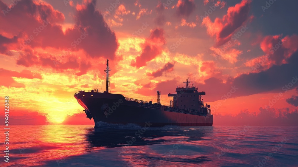 Cargo Ship Silhouette Against Vibrant Sunset Cargo Ship Silhouette Against Vibrant Sunset