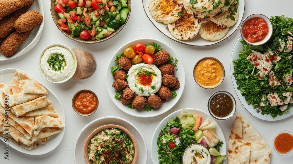 Traditional Arabic dishes are beautifully arranged on a table, featuring fresh salads, various dips, and warm, flaky breads for sharing Traditional Arabic dishes are beautifully arranged on a table, featuring fresh salads, various dips, and warm, flaky breads for sharing