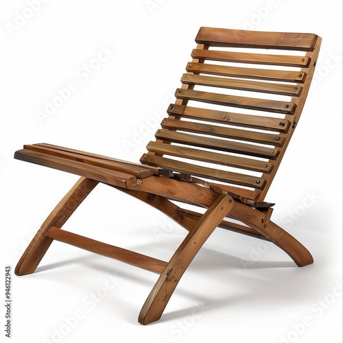 A wooden lounge chair with slats, designed for outdoor use and made from natural wood.