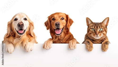 Three happy animals. A golden retriever, a brown cat, and a white dog peeking over the edge of a banner on an isolated background