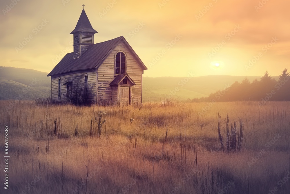 Old church stands alone in a rich green field at sunset. Vintage tone captures warm golden light on rustic stone walls. Beautiful scenery of rolling hills and vast sky. Old church stands alone in a rich green field at sunset. Vintage tone captures warm golden light on rustic stone walls. Beautiful scenery of rolling hills and vast sky.